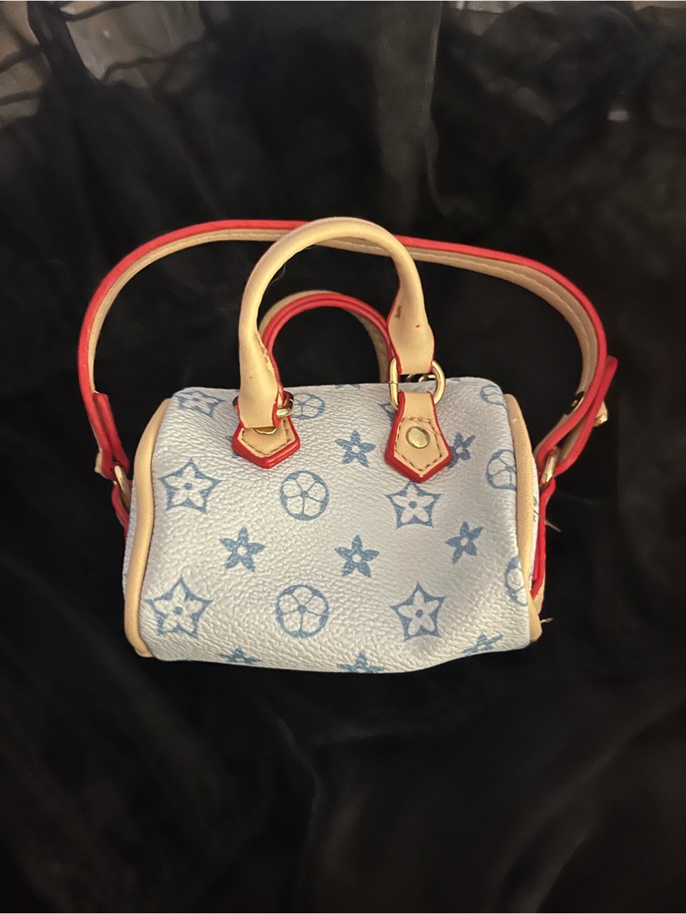 Women's Mini Satchel Bag Charm- Light Blue Pattern with Red Trim